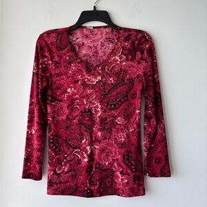 Womens Top Red Pink Floral Paisley Long Sleeve Stretch S 90s Whimsigoth Grunge